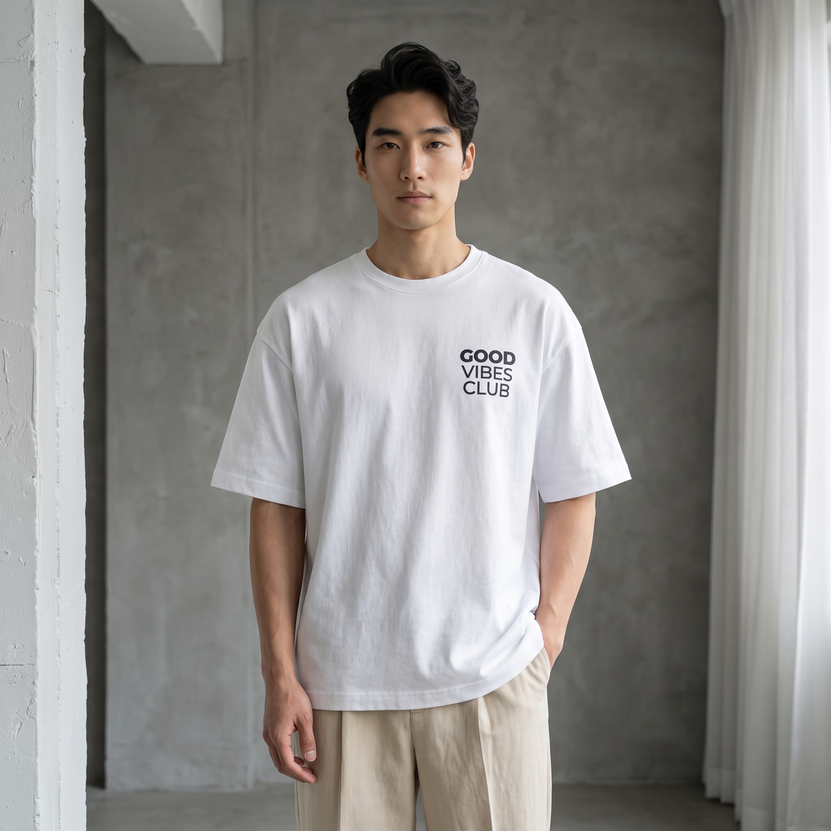 Good Vibes Club Minimalist Threadwork Boxy Tee | Relaxed Fit – White